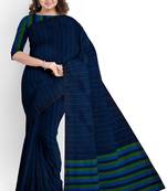navy blue striped cotton blend saree with green border