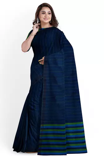 navy blue striped cotton blend saree with green border
