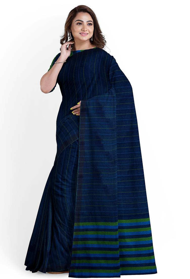 navy blue striped cotton blend saree with green border