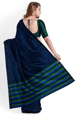 navy blue striped cotton blend saree with green border 3