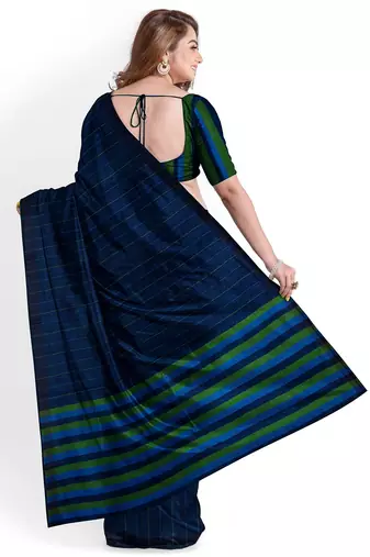 navy blue striped cotton blend saree with green border