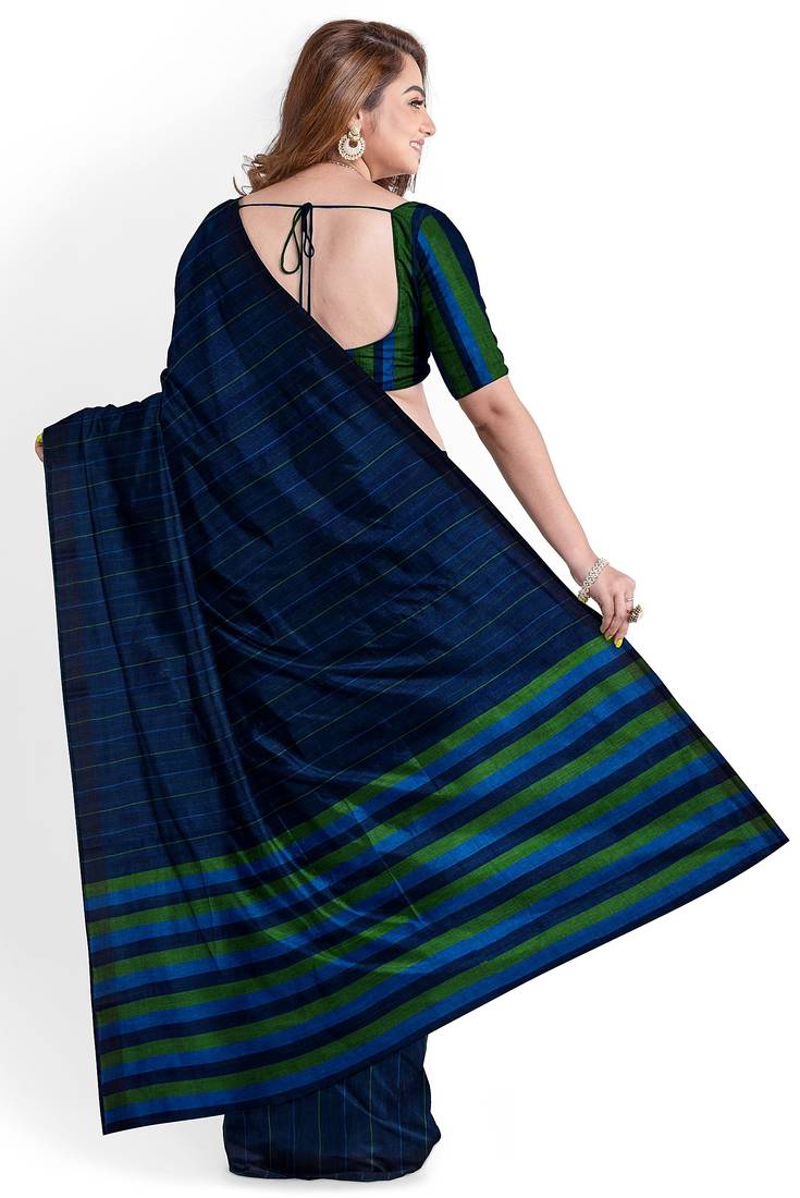 navy blue striped cotton blend saree with green border