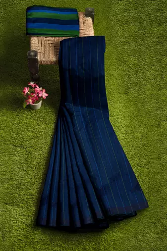 navy blue striped cotton blend saree with green border