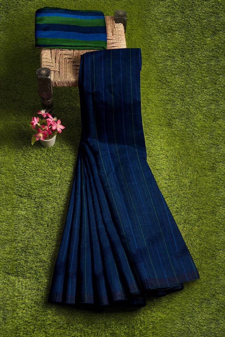 navy blue striped cotton blend saree with green border
