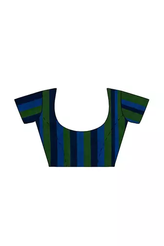 navy blue striped cotton blend saree with green border