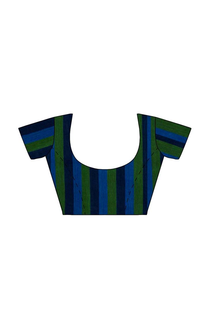 navy blue striped cotton blend saree with green border