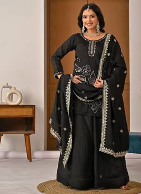 black embroidered vichitra silk full stitched sharara palazzo 1