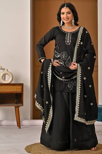 black embroidered vichitra silk full stitched sharara palazzo