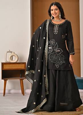 black embroidered vichitra silk full stitched sharara palazzo 2