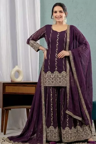wine purple embroidered crunchy silk full stitched sharara palazzo