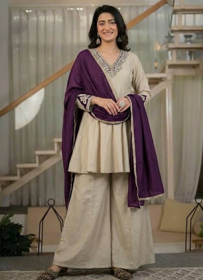 beige embroidered vichitra silk full stitched sharara palazzo