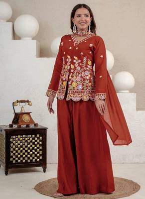 rust embroidered roman silk full stitched sharara palazzo 3