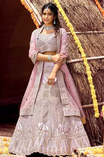 Women's Pink silk blend Lehenga Choli with Net Dupatta