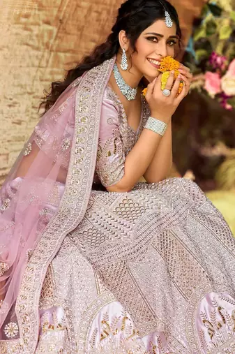Women's Pink silk blend Lehenga Choli with Net Dupatta