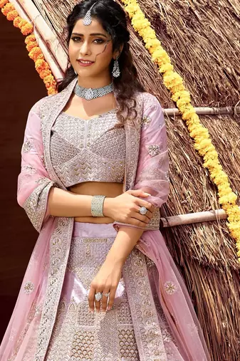 Women's Pink silk blend Lehenga Choli with Net Dupatta