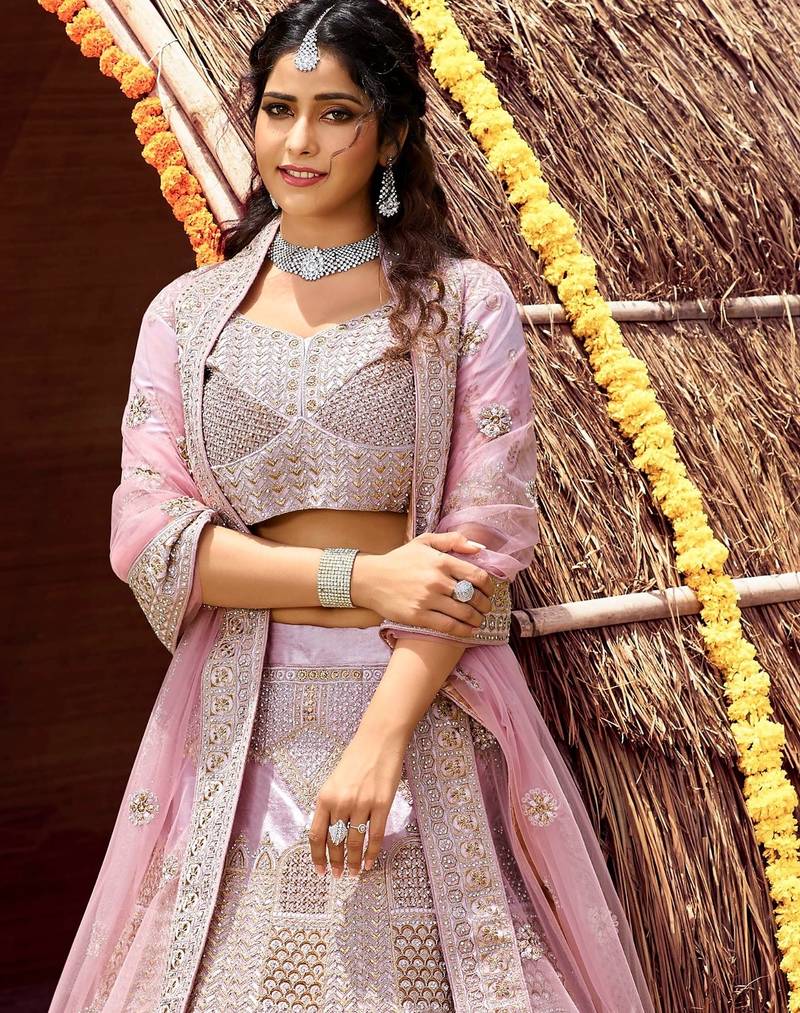 Women's Pink silk blend Lehenga Choli with Net Dupatta