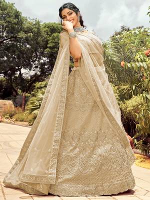 Women's Beige Silk Heavy Embroidered Designer Wedding Festive Lehenga Choli Set 1