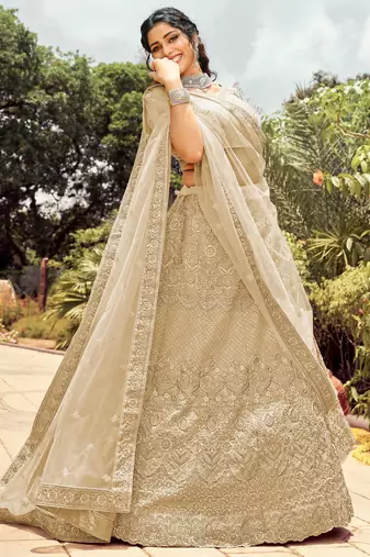 Women's Beige Silk Heavy Embroidered Designer Wedding Festive Lehenga Choli Set
