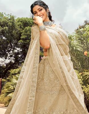 Women's Beige Silk Heavy Embroidered Designer Wedding Festive Lehenga Choli Set 2