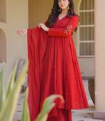 red embroidered brocade full stitched anarkali suit