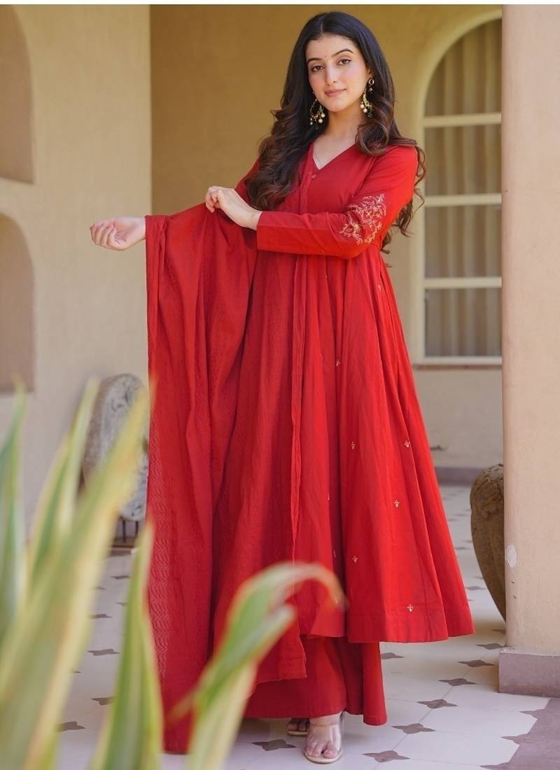 red embroidered brocade full stitched anarkali suit