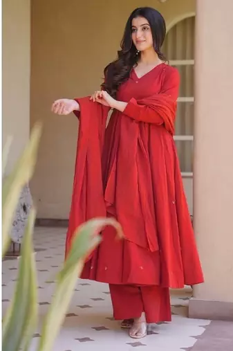 red embroidered brocade full stitched anarkali suit