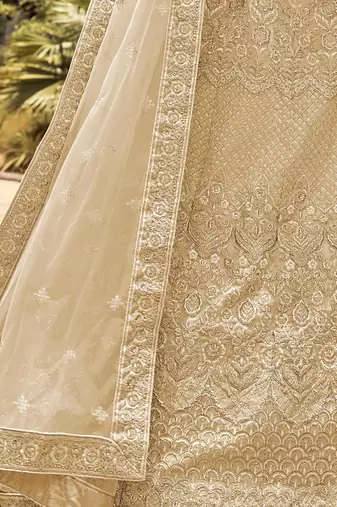 Women's Beige Silk Heavy Embroidered Designer Wedding Festive Lehenga Choli Set
