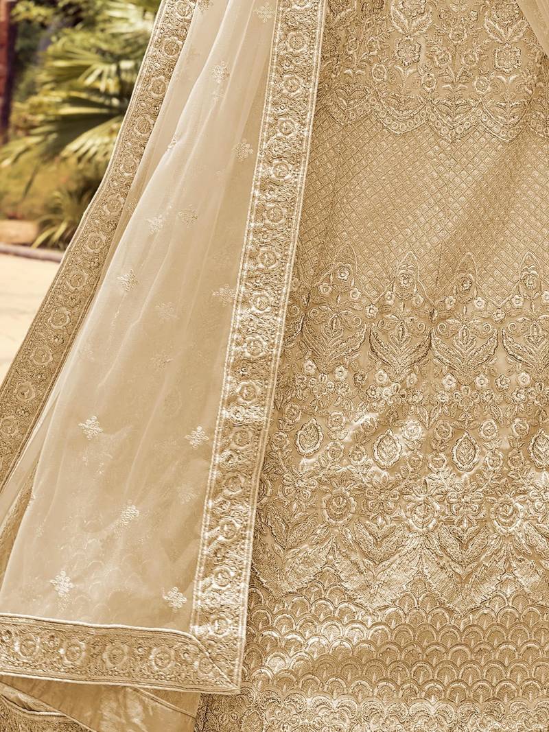 Women's Beige Silk Heavy Embroidered Designer Wedding Festive Lehenga Choli Set
