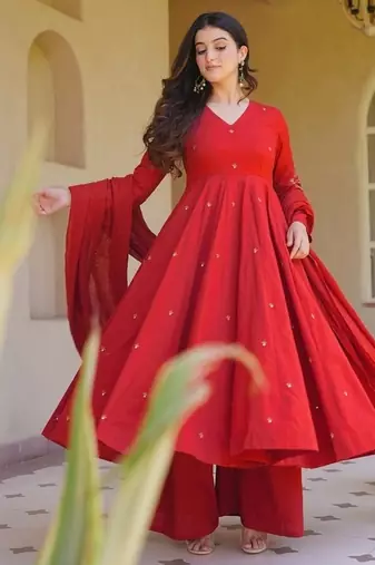 red embroidered brocade full stitched anarkali suit