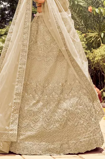 Women's Beige Silk Heavy Embroidered Designer Wedding Festive Lehenga Choli Set