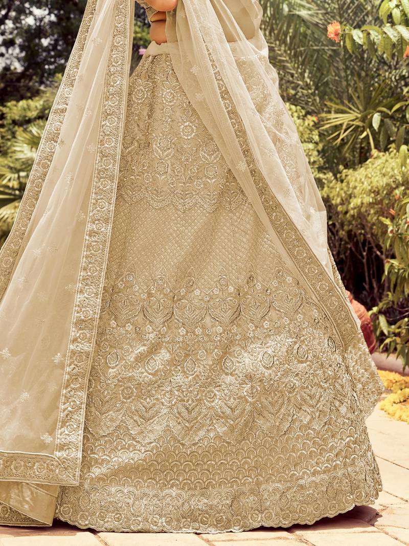 Women's Beige Silk Heavy Embroidered Designer Wedding Festive Lehenga Choli Set