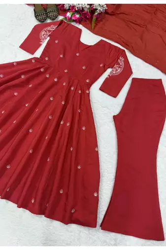 red embroidered brocade full stitched anarkali suit
