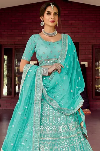 Women's Blue silk blend Heavy Embroidered  Lehenga Choli Set