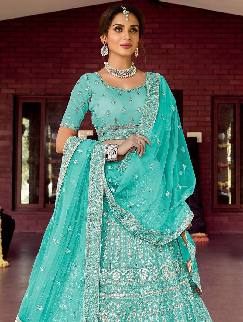 Women's Blue silk blend Heavy Embroidered  Lehenga Choli Set