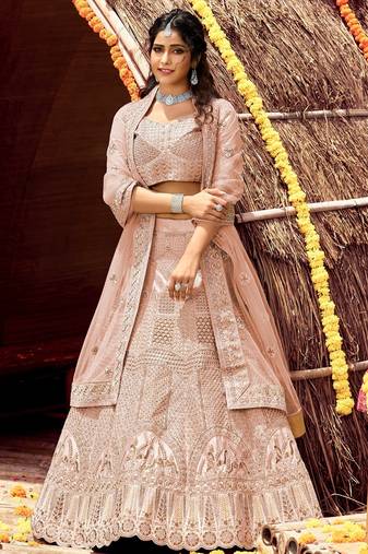 Women's Blush Pink silk blend Heavy Embroidered  Lehenga Choli Set