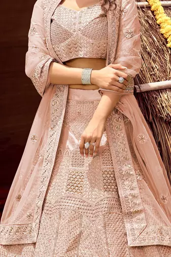 Women's Blush Pink silk blend Heavy Embroidered  Lehenga Choli Set