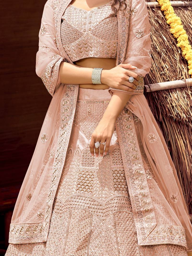 Women's Blush Pink silk blend Heavy Embroidered  Lehenga Choli Set