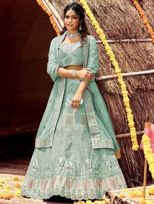 Women's Blue silk blend Heavy Embroidered  Lehenga Choli Set 1