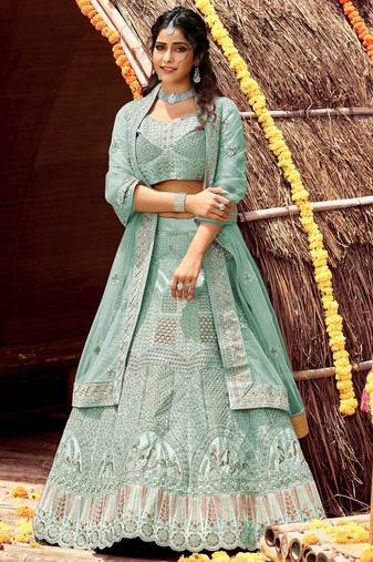 Women's Blue silk blend Heavy Embroidered  Lehenga Choli Set