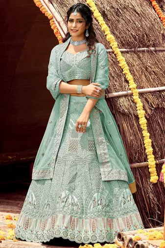 Women's Blue silk blend Heavy Embroidered  Lehenga Choli Set