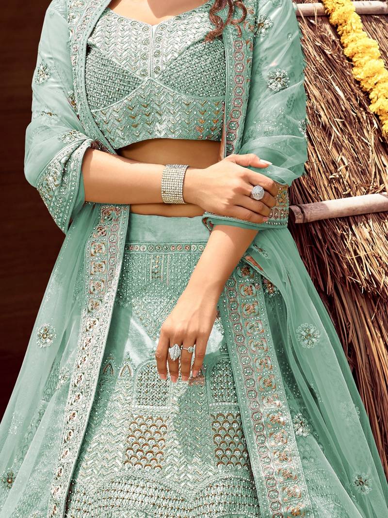 Women's Blue silk blend Heavy Embroidered  Lehenga Choli Set