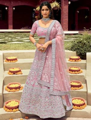 Women's Pink silk blend Heavy Embroidered  Lehenga Choli Set 1