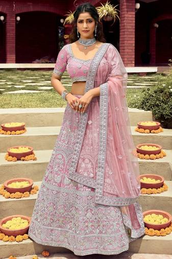 Women's Pink silk blend Heavy Embroidered  Lehenga Choli Set