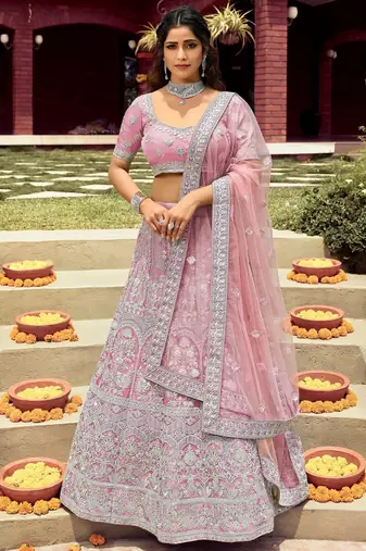 Women's Pink silk blend Heavy Embroidered  Lehenga Choli Set