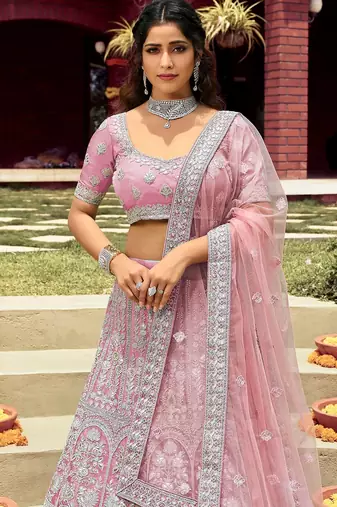 Women's Pink silk blend Heavy Embroidered  Lehenga Choli Set