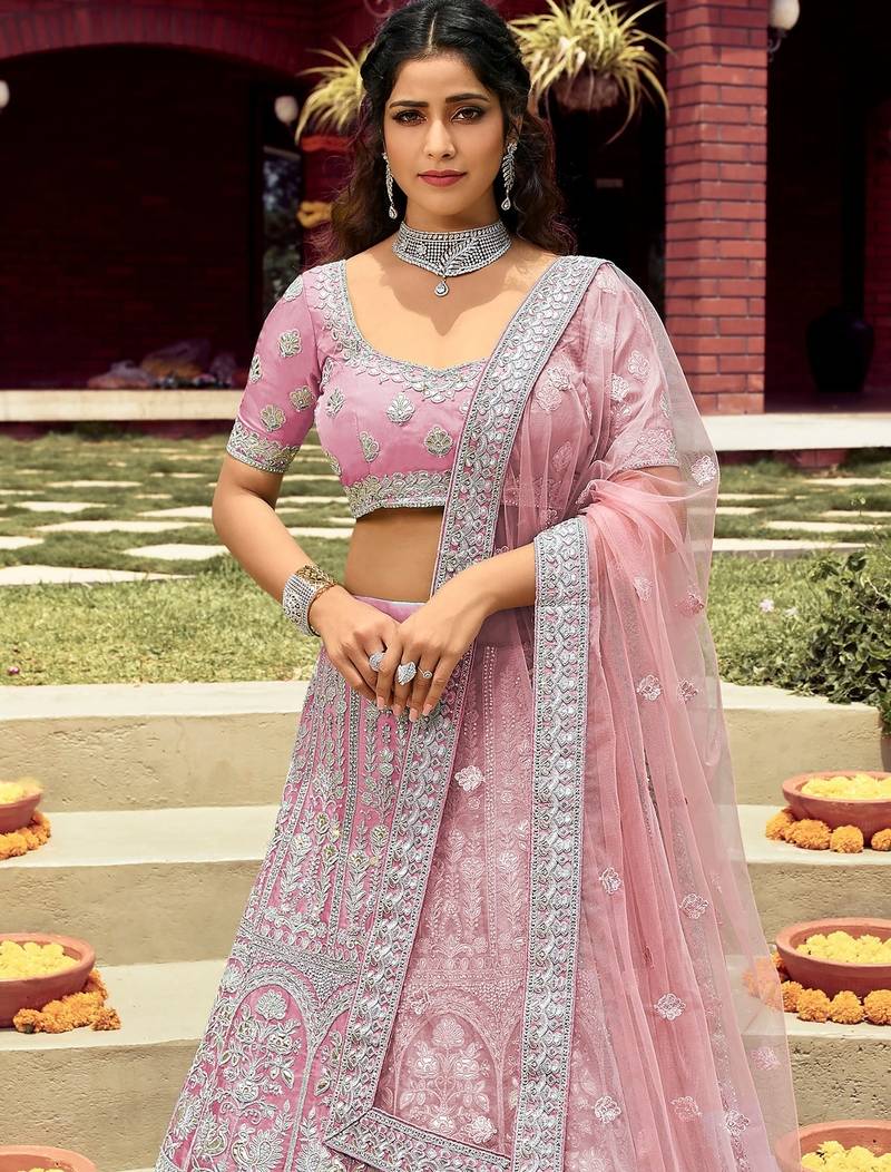 Women's Pink silk blend Heavy Embroidered  Lehenga Choli Set