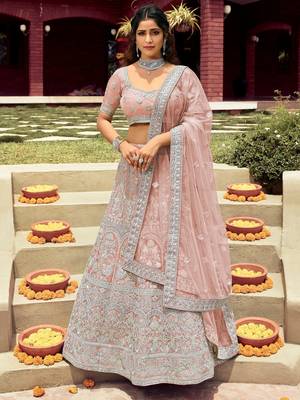 Women's Peach Silk Heavy Embroidered Designer Wedding Festive Lehenga Choli Set 1