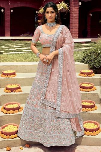 Women's Peach Silk Heavy Embroidered Designer Wedding Festive Lehenga Choli Set