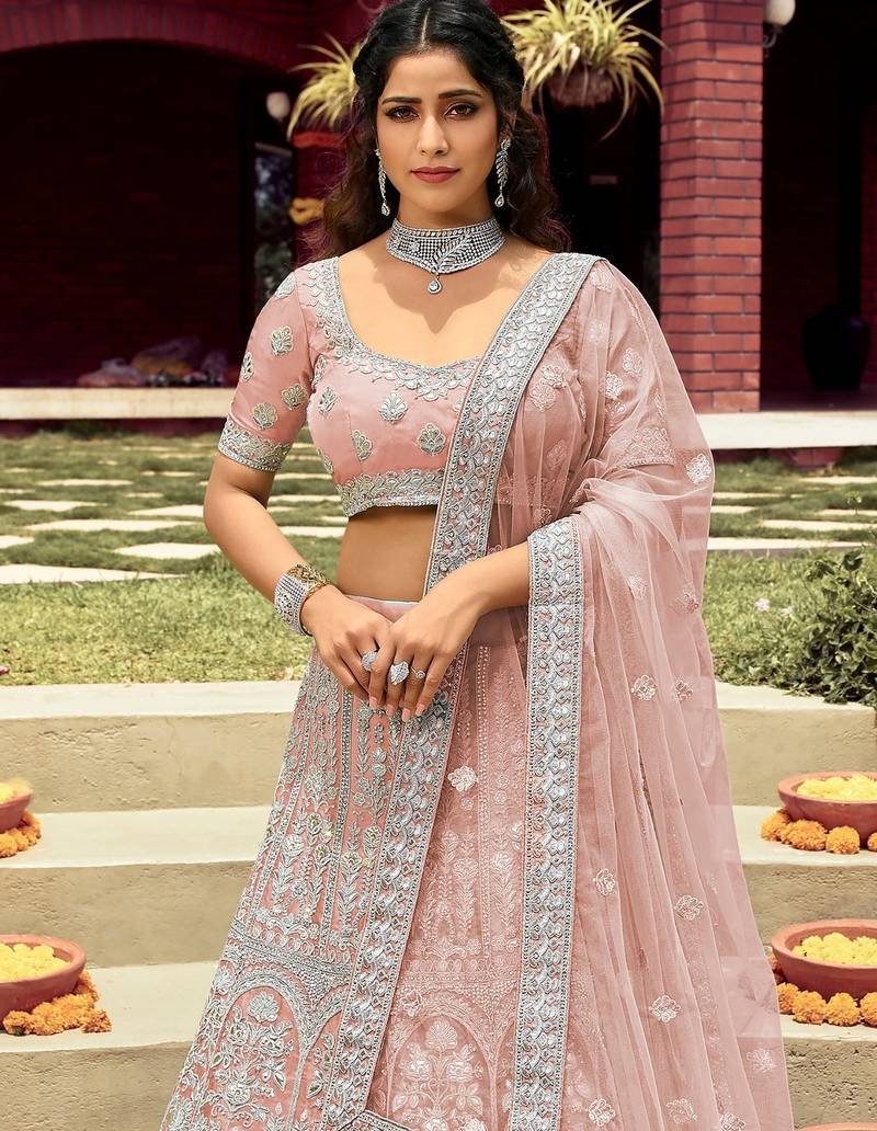 Women's Peach Silk Heavy Embroidered Designer Wedding Festive Lehenga Choli Set