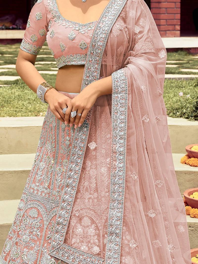 Women's Peach Silk Heavy Embroidered Designer Wedding Festive Lehenga Choli Set